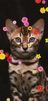 Bengal cat with colorful flowers on a dark background.