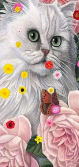 White cat among pink roses with butterfly artwork.