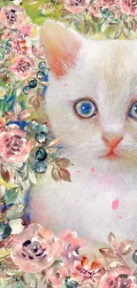 Cute kitten with a floral surround, pastel-themed cat wallpaper.