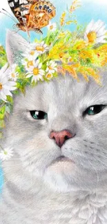 Cat with floral crown and butterfly on a sky blue background.