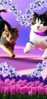 Cats in a floral heart design on a purple background.