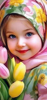 A little girl with a floral headscarf holding tulips in a pink-themed wallpaper.