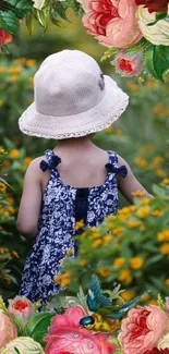 Child in a floral dress and hat surrounded by vibrant garden flowers.