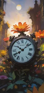 Artistic fantasy wallpaper featuring a floral clock under a glowing sun.