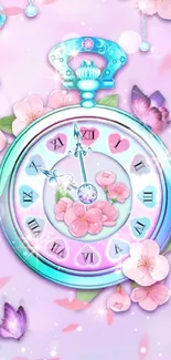 Pastel wallpaper with floral clock and butterflies.