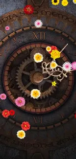 Artistic floral clock wallpaper with vintage gears and colorful flowers.