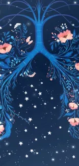 Mobile wallpaper with cosmic floral design in blue and pink hues.