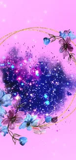 Pink floral cosmic wallpaper with golden circles and blue flowers.