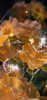 Orange flowers with cracked glass effect wallpaper.