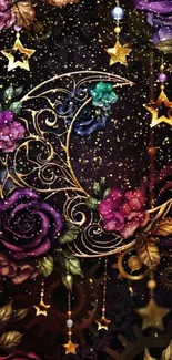 Ornate crescent moon with vibrant roses and stars on a dark background.