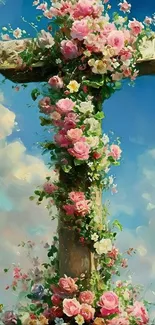 Floral cross with vibrant flowers against a blue sky background.