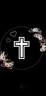 Black wallpaper with white cross and floral accents