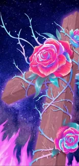 Purple galaxy wallpaper featuring a wooden cross with pink roses.