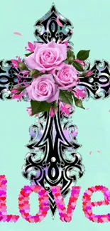 Floral cross with pink roses and love text on aqua background.