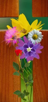 Vibrant flowers arranged over a wooden cross background for mobile wallpaper.