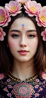 Woman with pink floral crown and serene expression.