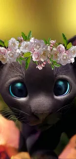 Fantasy cat with floral crown in a whimsical wallpaper.