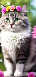 Adorable cat with floral crown in nature setting.