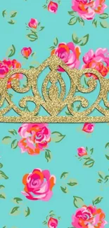 Turquoise wallpaper with pink florals and a golden crown design.