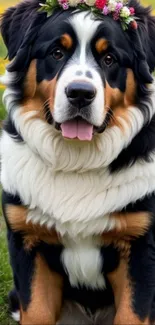 Bernese mountain dog wearing a floral crown in a green meadow.