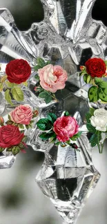 Elegant wallpaper of colorful roses on metallic crystal.