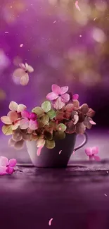 Cup filled with vibrant blossoms against a dreamy purple background.