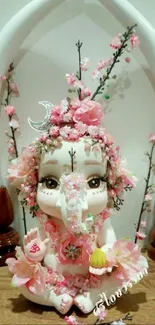 Floral statue of Ganesh with pink decor and ornate details.