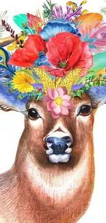 Colorful floral deer with vibrant flower crown.