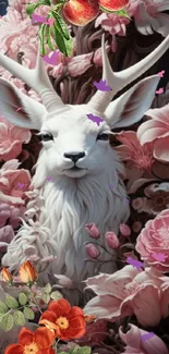 White deer amidst pink flowers with vibrant details.