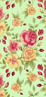 Elegant floral wallpaper with pink and yellow roses on a light green background.