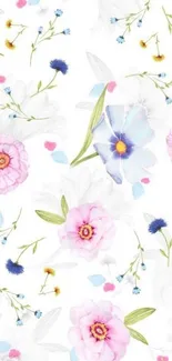 Vibrant floral mobile wallpaper with pink, blue, and white flowers on a white background.