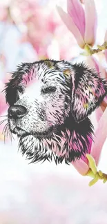 Artistic dog drawing with pink magnolia blossoms.