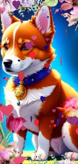 Vibrant dog surrounded by colorful flowers on a mobile wallpaper with blue background.