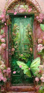 Fantasy green door with lush flowers and butterflies in an artistic wallpaper.