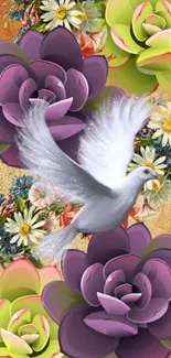 Mobile wallpaper with a white dove and vibrant, large flowers.