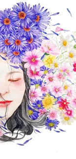 Artistic watercolor portrait with colorful flowers.