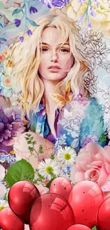 Artistic floral wallpaper with dreamy girl and vibrant colors.