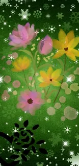 Vibrant floral design with pink and yellow flowers on a green background.