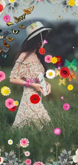 Woman in floral dress amidst colorful flowers in a lush green field.