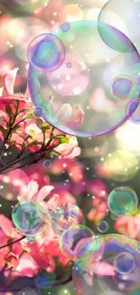 Pink flowers with bubbles on a dreamy mobile wallpaper background.