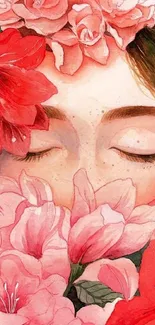 Watercolor art of a face surrounded by pink flowers.