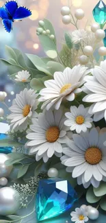 White daisies with jewels and a blue butterfly mobile wallpaper.