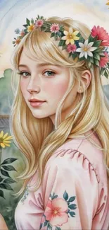 Artistic wallpaper of a blonde girl with a floral crown and pastel colors.