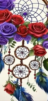 Vibrant floral dreamcatcher with roses and feathers.