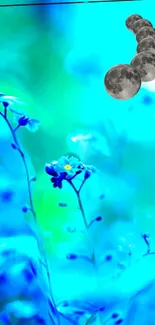 Blue floral mobile wallpaper with moon phases in artistic design.