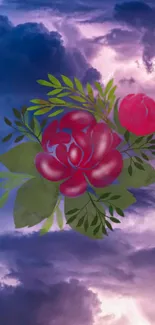 Red roses with green leaves against a purple clouded sky wallpaper.