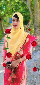 Woman in floral dress with yellow hijab and red roses in garden.