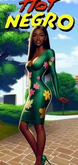 Cartoon woman in floral dress, park background.