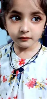 Young girl in a floral dress with an innocent expression.