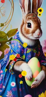 Bunny in floral dress with Easter eggs and flowers.